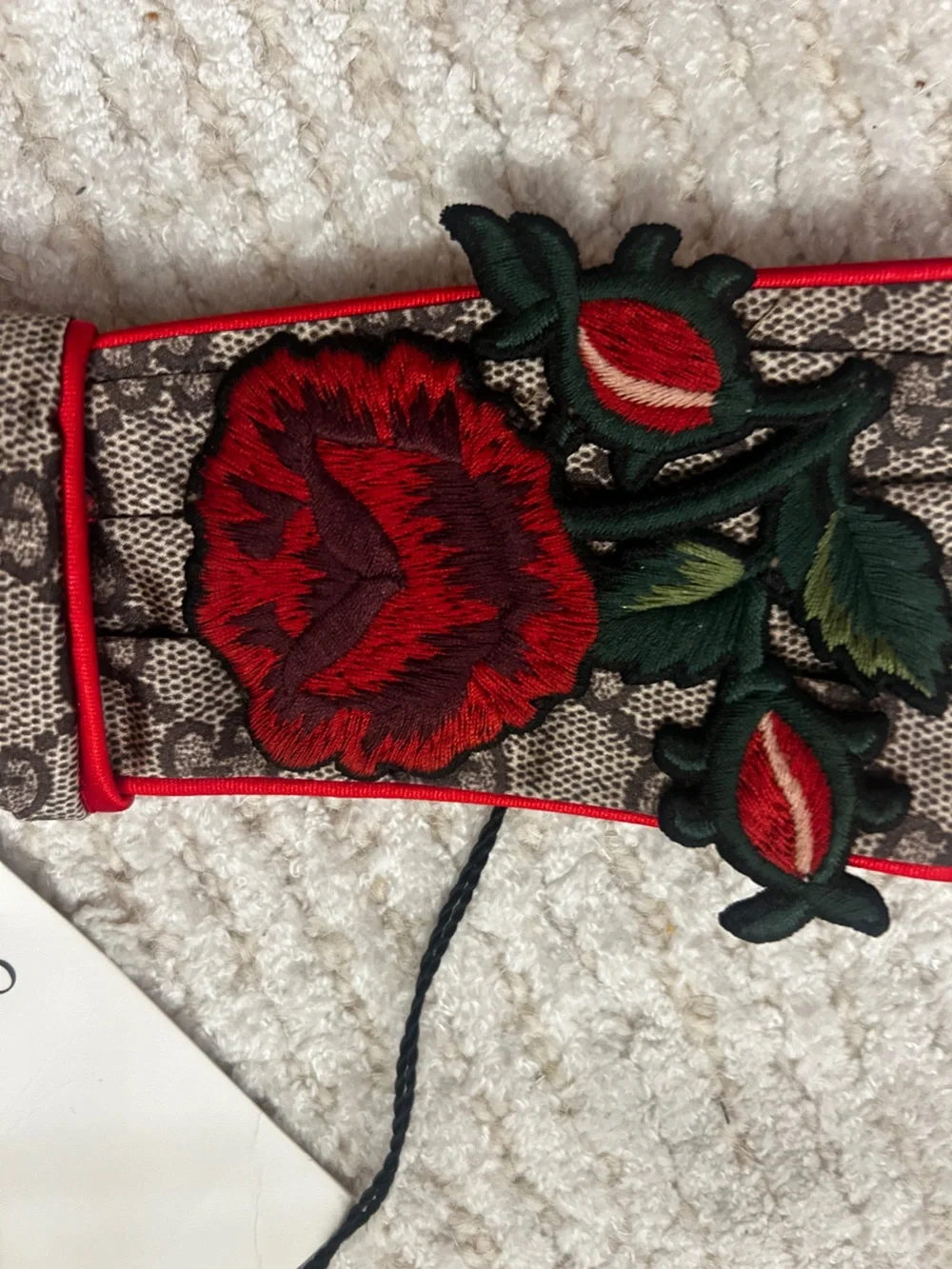 Gucci Brown Monogram Headband with Red Rose Embroidery